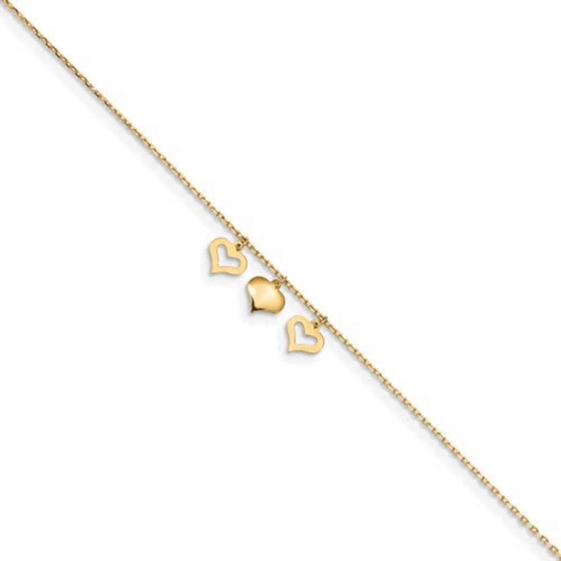 14k 3 Hearts 9in Plus 1in Extension Anklet