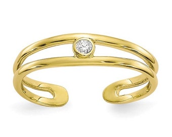 Dainty 10K Yellow Gold Toe Ring with Cubic Zirconia - Adjustable, 4mm Top, Perfect Gift