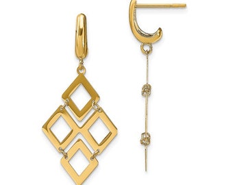 14K Gold Diamond-Shaped Dangly Earrings - 35.28mm x 17.48mm, Push Back Closure, Perfect Gift