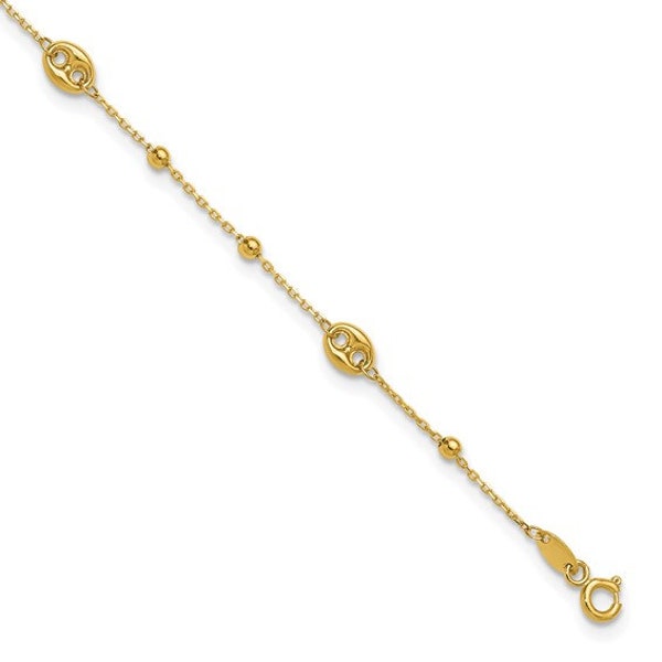 14K Yellow Gold Bead Station Anklet - 9-inch with 1-inch Extender, Polished Finish, Spring Ring Clasp, Lifetime Guarantee