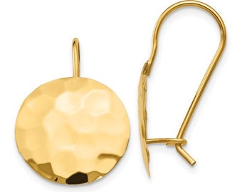 14K Yellow Gold Drop Hammered Round Disc Earrings