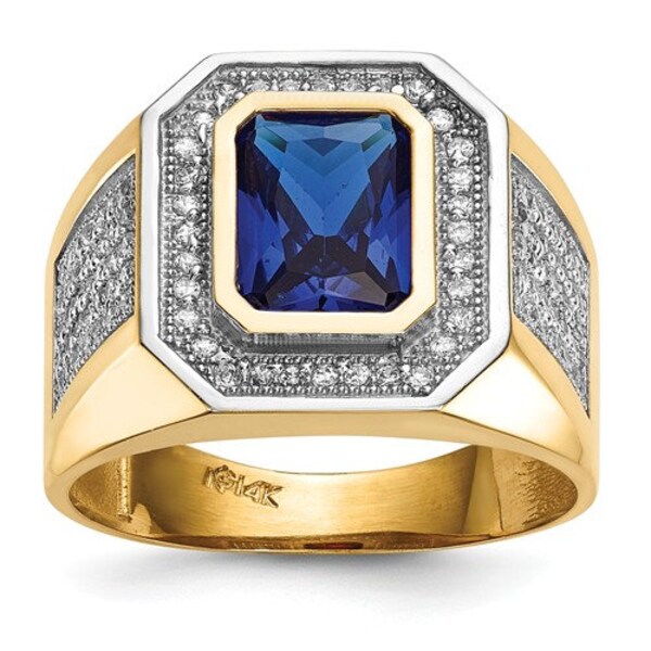 14K Yellow Gold Radiant Cut Sapphire Blue or Ruby Red Cubic Zirconia Mens Ring