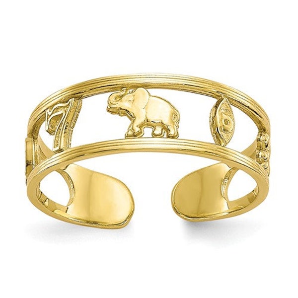 10K Yellow Gold Elephant Toe Ring - Good Luck Symbols, 5mm Wide, Adjustable, Perfect Gift