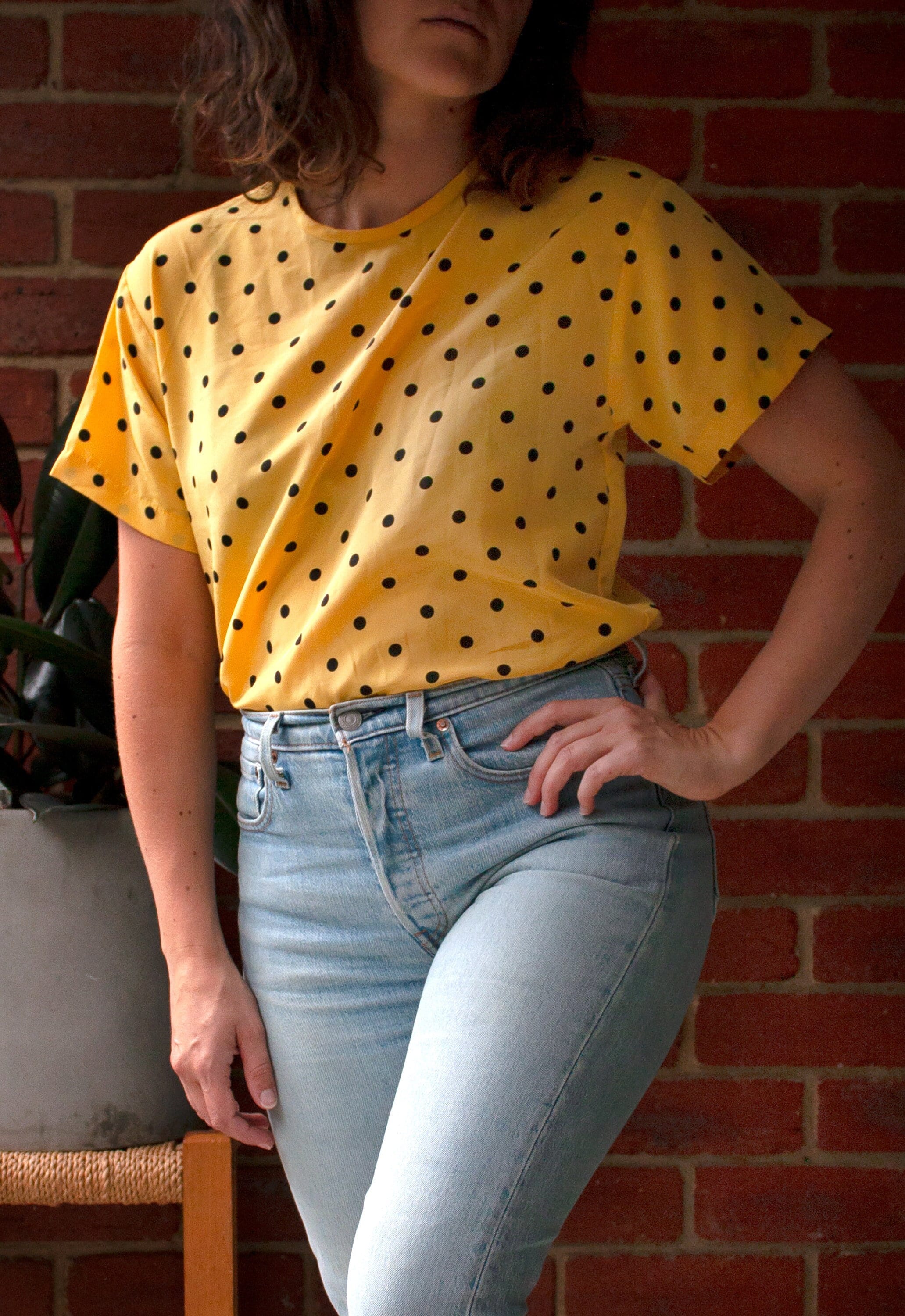 mustard yellow polka dot top