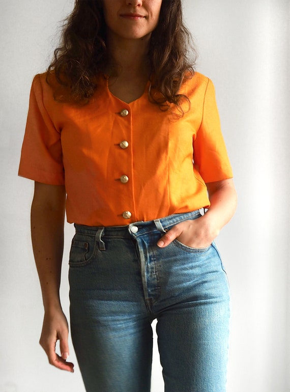 Vintage 80s button up short sleeve blouse // Size