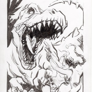 Lara Croft vs. T-Rex - Tomb Raider Classic Original Art Sketch 6” x 9”