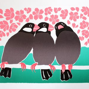 Hand printed linocut art of lovely finches