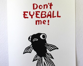 original linocut print of cute fish, hand printed