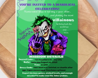Superskurken Joker födelsedagsinbjudan - Redigerbar Canvas-mall - Direktnedladdning