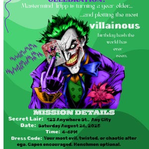 Puede incluir: Invitaci&oacute;n verde con el Joker de Batman. El texto dice "&iexcl;Est&aacute;s invitado a una celebraci&oacute;n diab&oacute;lica!" e incluye detalles del evento. El Joker se muestra con pelo verde, un traje morado y una sonrisa siniestra.