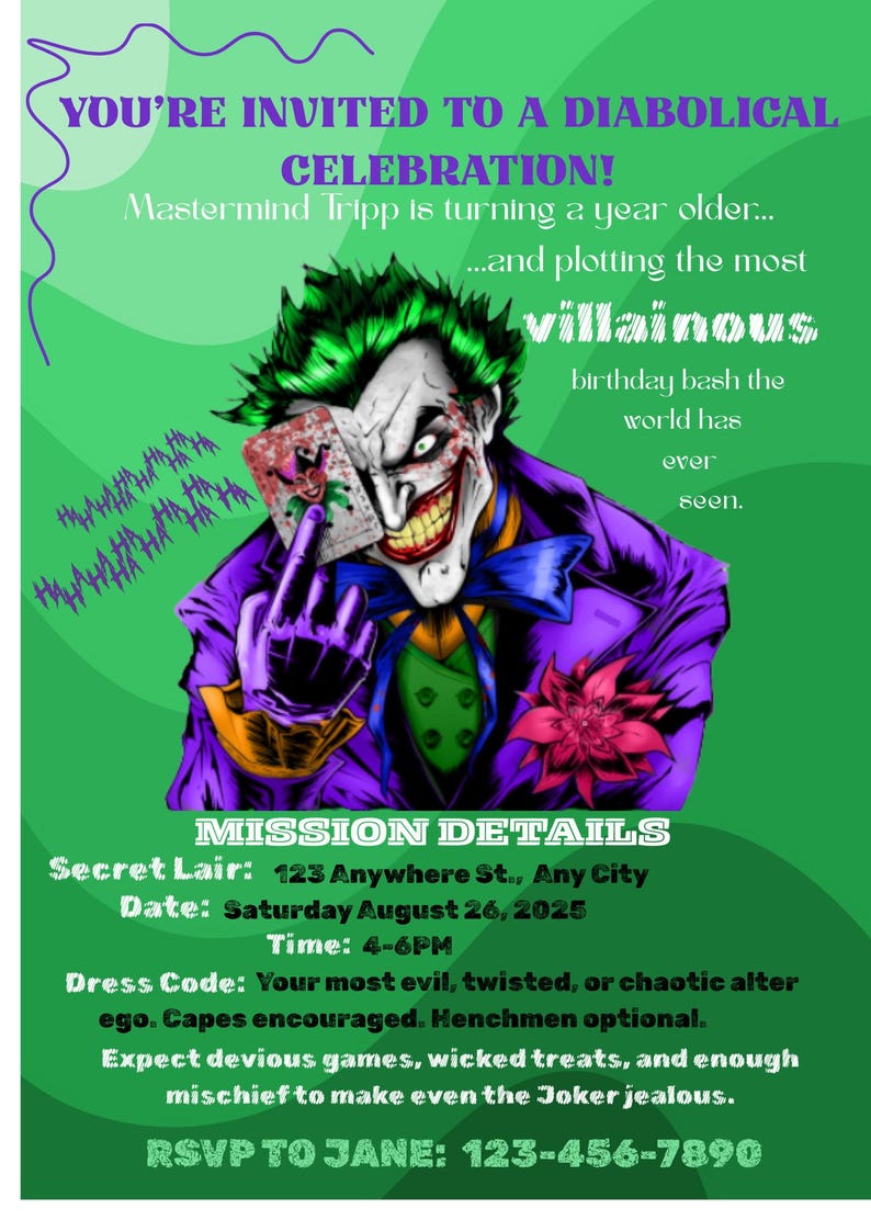 Puede incluir: Invitaci&oacute;n verde con el Joker de Batman. El texto dice "&iexcl;Est&aacute;s invitado a una celebraci&oacute;n diab&oacute;lica!" e incluye detalles del evento. El Joker se muestra con pelo verde, un traje morado y una sonrisa siniestra.