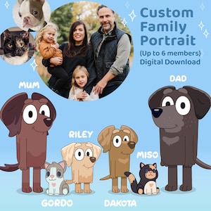 Custom Personalized Bluey Style Family Character Portrait | *Up to 6 Members* | Unique Gift Idea | Custom Family Art | Kids Room Art