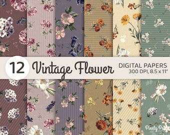 12 Vintage Floral Digital Paper, Flower Backgrounds, Botanical Patterns, Vintage Patterns, Commercial Use
