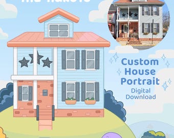 Custom Personalized Bluey Style House Portrait | Unique Gift Idea | Custom House Art | Kids Room Art