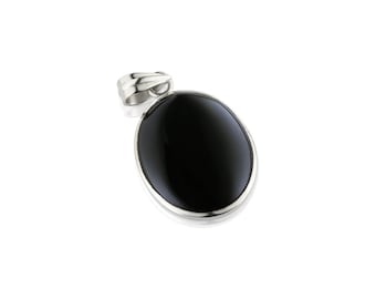 Onyx noir (ovale) cabochon pendentif en argent (style 3)
