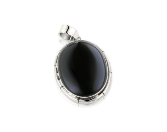 Onyx noir cabochon (ovale) et pendentif en argent (style 2)