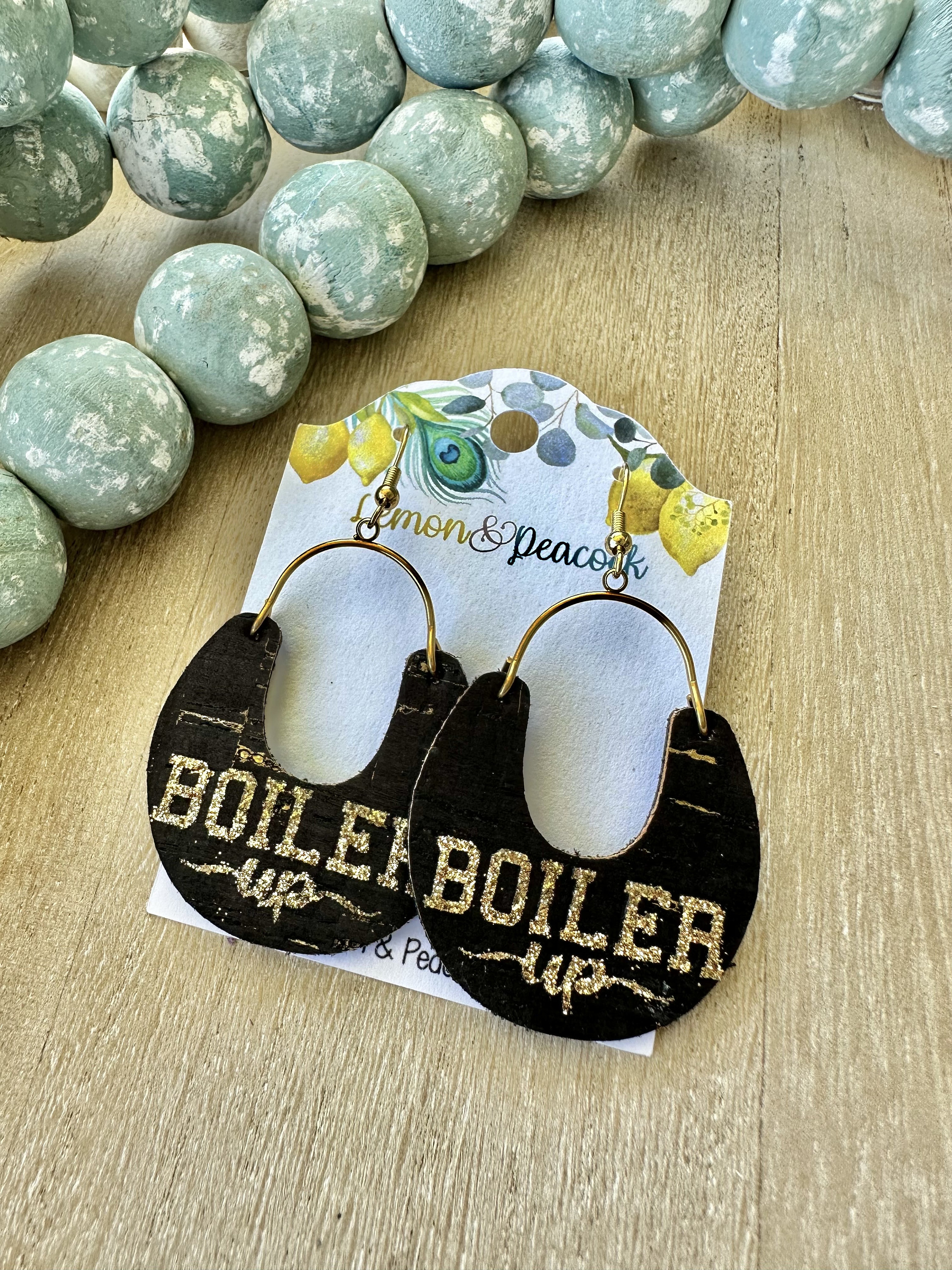 Purdue Arch Horseshoe Black and Gold Cork Earrings