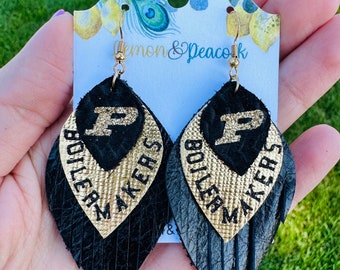 Purdue Triple Stacked Fringe Leather Earrings