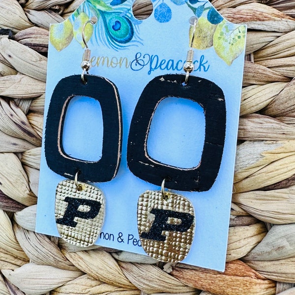 Purdue Geo Dangle Black and Gold Leather Earrings