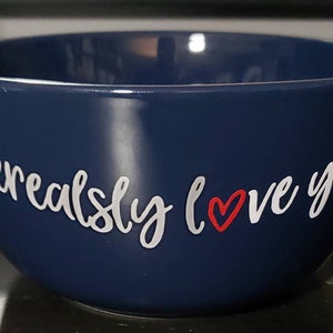 I love you bowl heart shaped blue bowl white speckled heart bowl I love you inside