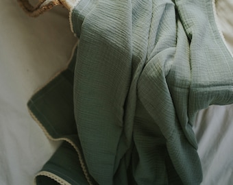 Organic Muslin Baby Swaddle Blanket • Newborn Infant Throw with Lace