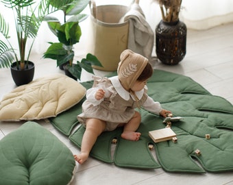 Linen Leaf Play Mat • Organic Padded Baby Crawling Rug