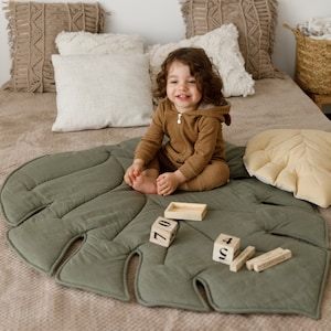 Linnen speelkleed blad • Biologisch babygewatteerd monstera-tapijt • Oeko-TEX-standaardkwaliteit • Gewatteerde kruipmat voor kinderen • Tropisch tapijt voor peuters