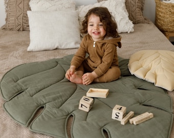 Linen Baby Play Mat • Organic Monstera Leaf Rug, Quilted Crawling Mat