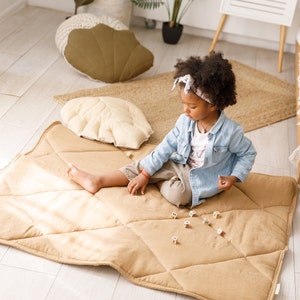 Linen Play Mat • Organic Baby Padded Floor Rug • Oeko-TEX Standard Quality • Kids Quilted Crawling Mat • Toddler Activity Playing Gym