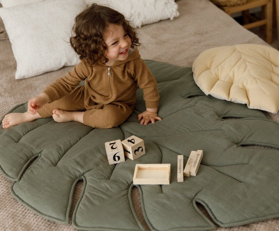 Linen Play Mat Leaf Organic Baby Padded Monstera Rug Oeko tex Standard Quality Kids Quilted Crawling Mat toddler Playing Tropical Rug Etsy Sweden