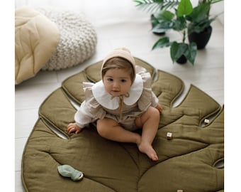 Linen Baby Play Mat • Organic Padded Monstera Leaf Rug