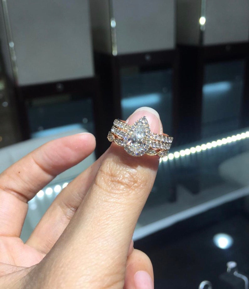 Certified Pear- Cut Diamond Ring Wedding Diamond Ring Three Band Engagement Ring in 18K Rose Gold WT 2.5 CT Diamond Engagement Ring
