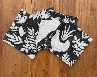 Lansbury Black Coasters, Country Home Fabric Coasters, Fun Coasters, Charcoal Gray Coasters, Animal Coasters, Great Gift.  Set of Four.
