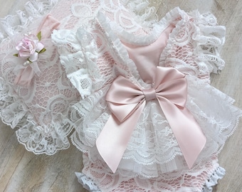 Lace Newborn Romper Set, Blush Pink Photo Prop Outfit with Headband & Pillow
