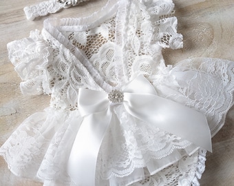 Lace Newborn Romper Set, Handmade Photo Prop with Headband