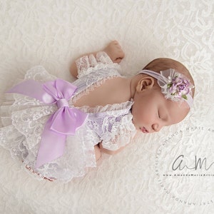 Lace newborn romper, Newborn lavender romper, Newborn lace romper set, Newborn photo props, Newborn photo outfit, Newborn girl lace romper.