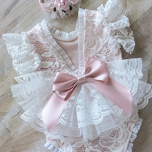 Spetssparkdräkt för nyfödd, Rosa sparkdräkt för nyfödd, Set med sparkdräkt i spets, Nyföddfotorekvisita, Nyföddfotooutfit, Sparkdräkt i spets för flickor. bild 4