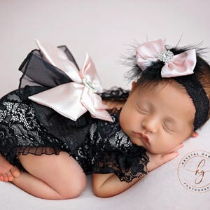 Lace Newborn Romper Set, Blush Pink Bow, Photo Prop