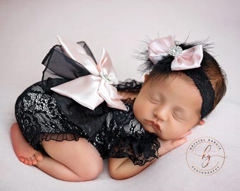 Lace Newborn Romper Set, Blush Pink Bow, Photo Prop