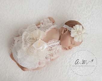 Lace Newborn Romper Set, Chiffon Flower Headband, Photo Prop