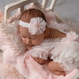 Pelele para recién nacido, Pelele de encaje, Pelele de encaje para recién nacido, Pelele con diadema para recién nacido, Accesorios para fotos de recién nacidos, Accesorios para recién nacidos, Pelele rosa para recién nacido,