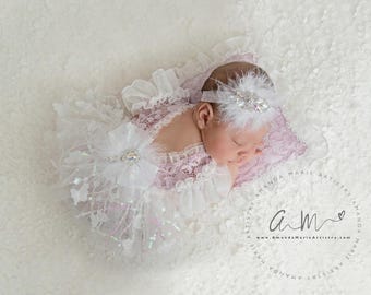 Lace Newborn Romper Set, Lavender Photo Prop Outfit, Feather Headband, Newborn photo outfit. Newborn lavender romper, Baby girl dress