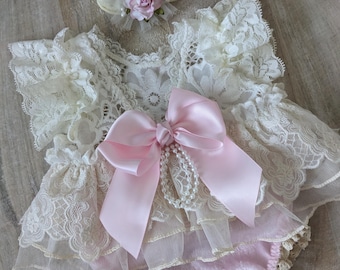 Pelele de encaje para niña con diadema, conjunto para recién nacida, lazo rosa, accesorio para fotos