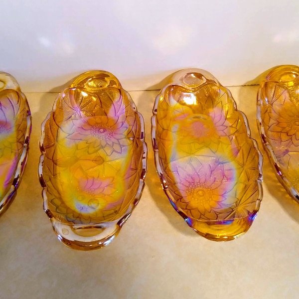 Vintage Indiana Carnival Glass Iridescent Amber Lily Pons Condiment Relish Ice Cream Dish