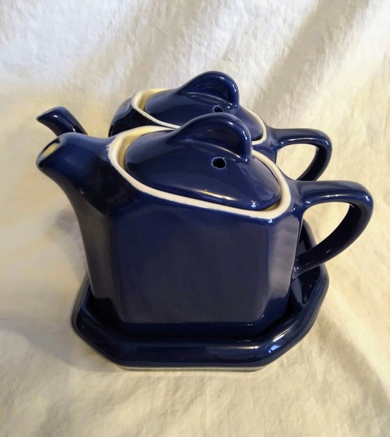 Vintage Hall Navy Blue Twin Teapot set with hot water pot Etsy