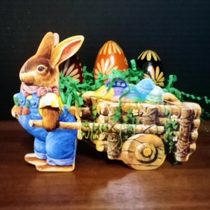 Wood Easter Bunny Rabbit Pulling Cart for Eggs Candy Gift Container with Vintage Painted Wooden Eggs MINT CONDITION