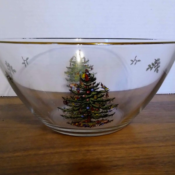 Spode Christmas Tree 9" Clear Glass Salad Serving Bowl with Gold Trim