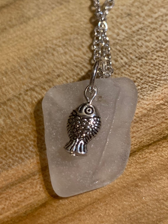 White Beach Glass With Fish Charm