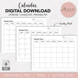 Calendario en blanco, planificador mensual sin fecha, minimalista, plantilla de calendario imprimible, PDF y PNG, páginas de planificador, horizontal, tamaño carta