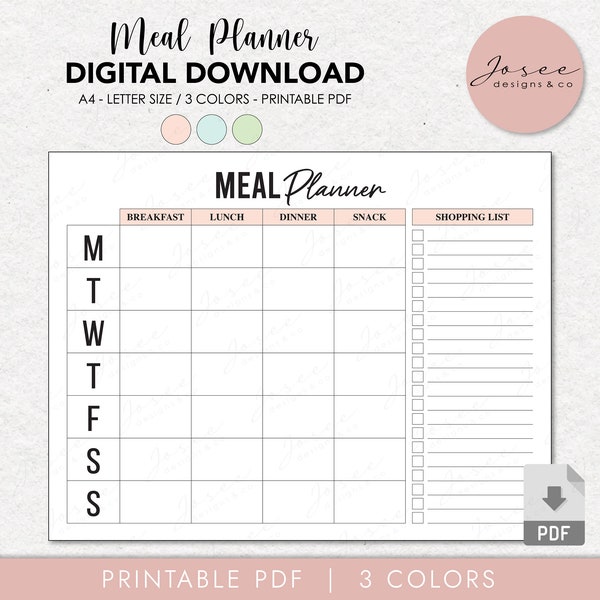 Weekly Meal Planner with Grocery List Printable Template, 7 Day Menu Plan, Food Planner, Health & Fitness, A4/Letter size, Instant Download